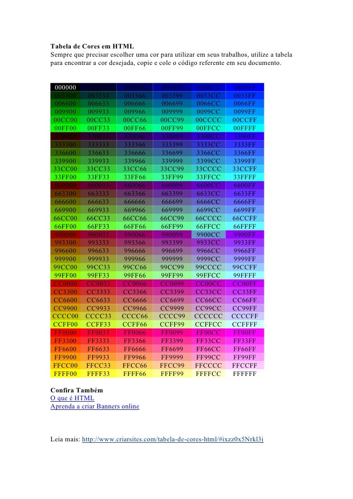 Tabela de cores em html