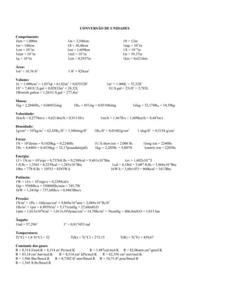 CONVERSÃO DE UNIDADES

Comprimento:
1km = 1.000m                      1in = 2,540cm                         1ft = 12in
1m = 100cm                        1ft = 30,48cm                         1mµ = 10-9m
1cm = 10-2m                       1mi = 1,609km                         1Å = 10-10m
1mm = 10-3m                       1mil = 10-3in                         1m = 39,37in
1µ = 10-6m                        1cm = 0,3937in                        1km = 0,6214mi

Área:
1m2 = 10,76 ft2                    1 ft2 = 929cm2

Volume:
1L = 1.000cm3 = 1,057qt = 61,02in3 = 0,03532ft3              1m3 = 1.000L = 35,32ft3
1ft3 = 7,481U.S.gal = 0,02832m3 = 28,32L                      1U.S.gal = 231ft3 = 3,785L
1Bristish gallon = 1,201U.S.gal = 277,4in3

Massa:
1kg = 2,2046lbm = 0,06852slug          1lbm = 453,6g = 0,03108slug            1slug = 32,174lbm = 14,59kg

Velocidade:
1km/h = 0,2778m/s = 0,6214mi/h = 0,9113ft/s              1mi/h = 1,467ft/s = 1,609km/h = 0,447m/s

Densidade:
1g/cm3 = 103kg/m3 = 62,43lbm/ft3 = 1,940slug/ft3    1lbm/ft3 = 0,01602g/cm3       1 slug/ft3 = 0,5154 g/cm3

Força:
1N = 105dynas = 0,1020kgf = 0,2248lbf                1U.S.short ton = 2.000 lbf      1long ton = 2240lbf
1lbf = 4,448N = 0,4536kgf = 32,17poundals(pdl)       1kgf = 2,205lbf = 9,807N         1metric ton = 2205lbf

Energia:
1J = 1N.m = 107ergs = 0,7376ft.lbf = 0,2389cal = 9,481x10-4Btu           1ev = 1,602x10-19J
                                        -3
1 ft.lbf = 1,356J = 0,3239cal = 1,285x10 Btu                    1cal = 4,186J = 3,087 ft.lbf = 3,968x10-3Btu
1Btu = 778 ft.lbf = 1055J = 0293W.h                            1kW.h = 3,60x106J = 860kcal = 3413Btu

Potência:
1W = 1J/s = 107ergs/s = 0,2389cal/s
1hp = 550ftlbf/s = 33000ftlbf/min = 745,7W
1kW = 1,341hp = 737,6ftlbf/s = 0,9483Btu/s

Pressão:
1N/m2 = 1Pa = 10dynas/cm2 = 9,869x10-6atm = 2,089x10-2lbf/ft2
1lbf/in2 = 1psi = 6.895N/m2 = 5,171cmHg = 27,68inH2O
1atm = 1,013x105N/m2 = 1,013x106dynas/cm2 = 14,70lbf/in2 = 76cmHg = 406,8inH2O = 1,013 bar

Ângulo:
1rad = 57,296°                  1° = 0,017453 rad

Temperatura:
T(°F) = 1,8 T(°C) + 32               T(K) = T(°C) + 273,15            T(R) = T(°F) + 459,67

Constante dos gases:
R = 8,314 J/mol.K = 8,314 m³.Pa/mol.K          R = 1,987cal/mol.K R = 82,06atm.cm3/gmol.K
              3
R = 83,14 cm .bar/mol.K    R = 8,314 cm .kPa/mol.K R = 62,356 cm3.torr/mol.K
                                          3

R = 1,986 Btu/lbmol.R    R = 0,7302 ft3.atm/lbmol.R R = 10,73 ft3.psia/lbmol.R
R = 1,545 ft.lbf/lbmol.R
 