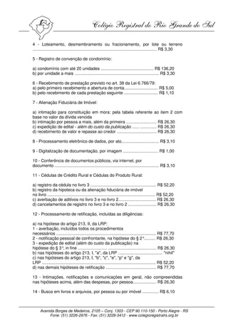 4 - Loteamento, desmembramento ou fracionamento, por lote ou terreno
.......................................................................................................... R$ 3,30

5 - Registro de convenção de condomínio:

a) condomínio com até 20 unidades ............................................. R$ 136,20
b) por unidade a mais ........................................................................ R$ 3,30

6 - Recebimento de prestação previsto no art. 38 da Lei 6.766/79:
a) pelo primeiro recebimento e abertura de conta............................. R$ 5,00
b) pelo recebimento de cada prestação seguinte ............................. R$ 1,10

7 - Alienação Fiduciária de Imóvel:

a) intimação para constituição em mora: pela tabela referente ao item 2 com
base no valor da dívida vencida
b) intimação por pessoa a mais, além da primeira .......................... R$ 26,30
c) expedição de edital - além do custo da publicação ...... .............. R$ 26,30
d) recebimento de valor e repasse ao credor .................................. R$ 26,30

8 - Processamento eletrônico de dados, por ato................................ R$ 3,10

9 - Digitalização de documentação, por imagem .............................. R$ 1,00

10 - Conferência de documentos públicos, via internet, por
documento ......................................................................................... R$ 3,10

11 - Cédulas de Crédito Rural e Cédulas do Produto Rural:

a) registro da cédula no livro 3 ........................................................ R$ 52,20
b) registro da hipoteca ou da alienação fiduciária de imóvel
no livro ............................................................................................ R$ 52,20
c) averbação de aditivos no livro 3 e no livro 2................................ R$ 26,30
d) cancelamentos de registro no livro 3 e no livro 2 ........................ R$ 26,30

12 - Processamento de retificação, incluídas as diligências:

a) na hipótese do artigo 213, II, da LRP:
1 - averbação, incluídos todos os procedimentos
necessários ..................................................................................... R$ 77,70
2 - notificação pessoal de confrontante, na hipótese do § 2°                               .......... R$ 26,30
3 - expedição de edital (além do custo da publicação) na
hipótese do § 3° in fine ......................... ......................................... R$ 26,30
                      ,
b) nas hipóteses do artigo 213, I, "a", da LRP ...................................... "nihil"
c) nas hipóteses do artigo 213, I, "b", "c", "e", “p” e "g", da
LRP ................................................................................................. R$ 52,20
d) nas demais hipóteses de retificação ........................................... R$ 77,70

13 - Intimações, notificações e comunicações em geral, não compreendidas
nas hipóteses acima, além das despesas, por pessoa.................... R$ 26,30

14 - Busca em livros e arquivos, por pessoa ou por imóvel .............. R$ 6,10



     Avenida Borges de Medeiros, 2105 – Conj. 1303 - CEP 90.110-150 - Porto Alegre - RS
          Fone: (51) 3226-2976 - Fax: (51) 3228-3412 - www.colegioregistralrs.org.br
 