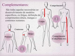 Complementares:
São todas aquelas necessárias ao
desenvolvimento de modelos
específicos, ex:folgas, definição de
comprimentos/altura, mangas e
contornos restantes.
Pescoço
Braço
Contorno
Comprimento
Corpo
Comprimento
(Calça/Saia etc)
1
2
 