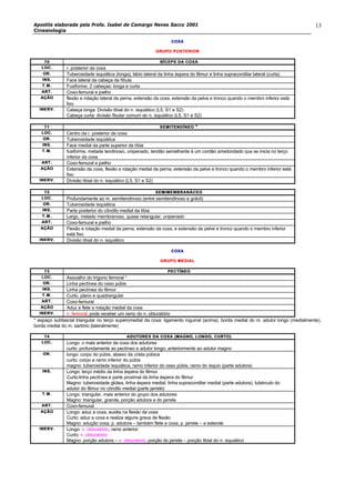 Apostila elaborada pela Profa. Isabel de Camargo Neves Sacco 2001
Cinesiologia
13
COXACOXA
GRUPO POSTERIORGRUPO POSTERIOR
7070 BÍCEPS DA COXABÍCEPS DA COXA
LOC.LOC. r. posterior da coxa
OR.OR. Tuberosidade isquiática (longa); lábio lateral da linha áspera do fêmur e linha supracondilar lateral (curta)
INS.INS. Face lateral da cabeça da fíbula
T.M.T.M. Fusiforme, 2 cabeças: longa e curta
ART.ART. Coxo-femural e joelho
AÇÃOAÇÃO flexão e rotação lateral da perna, extensão da coxa, extensão da pelve e tronco quando o membro inferior está
fixo
INERV.INERV. Cabeça longa: Divisão tibial do n. isquiático (L5, S1 e S2)
Cabeça curta: divisão fibular comum do n. isquiático (L5, S1 e S2)
7171 SEMITENDÍNEOSEMITENDÍNEO %%
LOC.LOC. Centro da r. posterior da coxa
OR.OR. Tuberosidade isquiática
INS.INS. Face medial da parte superior da tíbia
T.M.T.M. fusiforme, metade tendinoso, unipenado, tendão semelhante à um cordão arredondado que se inicia no terço
inferior da coxa
ART.ART. Coxo-femural e joelho
AÇÃOAÇÃO Extensão da coxa, flexão e rotação medial da perna, extensão da pelve e tronco quando o membro inferior está
fixo
INERVINERV.. Divisão tibial do n. isquiático (L5, S1 e S2)
7272 SEMIMEMBRANÁCEOSEMIMEMBRANÁCEO
LOC.LOC. Profundamente ao m. semitendinoso (entre semitendinoso e grácil)
OR.OR. Tuberosidade isquiática
INS.INS. Parte posterior do côndilo medial da tíbia
T.M.T.M. Largo, metado membranoso, quase retangular, unipenado
ART.ART. Coxo-femural e joelho
AÇÃOAÇÃO Flexão e rotação medial da perna, extensão da coxa, e extensão da pelve e tronco quando o membro inferior
está fixo
INERV.INERV. Divisão tibial do n. isquiático
COXACOXA
GRUPO MEDIALGRUPO MEDIAL
7373 PECTÍNEOPECTÍNEO
LOC.LOC. Assoalho do trígono femoral *
OR.OR. Linha pectínea do osso púbis
INS.INS. Linha pectínea do fêmur
T.M.T.M. Curto, plano e quadrangular
ART.ART. Coxo-femural
AÇÃOAÇÃO Aduz e flete e rotação medial da coxa
INERV.INERV. n. femoral, pode receber um ramo do n. obturatório
* espaço subfascial triangular no terço superomedial da coxa: ligamento inguinal (acima), borda medial do m. adutor longo (medialmente),
borda medial do m. sartório (lateralmente)
7474 ADUTORES DA COXA (MAADUTORES DA COXA (MAGNO, LONGO, CURTO)GNO, LONGO, CURTO)
LOC.LOC. Longo: o mais anterior da coxa dos adutores
curto: profundamente ao pectíneo e adutor longo; anteriormente ao adutor magno
OR.OR. longo: corpo do púbis, abaixo da crista púbica
curto: corpo e ramo inferior do púbis
magno: tuberosidade isquiática, ramo inferior do osso púbis, ramo do ísquio (parte adutora)
INS.INS. Longo: terço médio da linha áspera do fêmur
Curto:linha pectínea e parte proximal da linha áspera do fêmur
Magno: tuberosidade glútea, linha áspera medial, linha supracondilar medial (parte adutora), tubérculo do
adutor do fêmur no côndilo medial (parte jarrete)
T.M.T.M. Longo: triangular, mais anterior do grupo dos adutores
Magno: triangular, grande, porção adutora e do jarrete
ART.ART. Coxo-femural
AÇÃOAÇÃO Longo: aduz a coxa, auxilia na flexão da coxa
Curto: aduz a coxa e realiza alguns graus de flexão
Magno: adução coxa; p. adutora – também flete a coxa; p. jarrete – a estende
INERV.INERV. Longo: n. obturatório, ramo anterior
Curto: n. obturatório
Magno: porção adutora – n. obturatório; porção do jarrete – porção tibial do n. isquiático
 