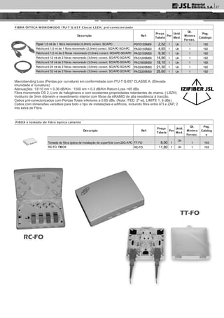 FIBRA ÓPTICA MONOMODO ITU-T G.657 Classe LSZH, pré-conectorizada
Descrição Ref.
Preço
Tabela
Por
Unid.
Med.
Qt.
Mínima
Fornec.
Pag.
Catalogo
Pigtail 1,5 mt de 1 fibra monomodo (0,9mm) conect. SC/APC PGT015SM09 2,52 1 Un 1 192
Patchcord 1,5 mt de 1 fibra monomodo (2,0mm) conect. SC/APC-SC/APC PAC015SM20 4,65 1 Un 1 192
Patchcord 1,5 mt de 2 fibras monomodo (3,0mm) conect. SC/APC-SC/APC PAC015SM30 9,30 1 Un 1 192
Patchcord 12 mt de 2 fibras monomodo (3,0mm) conect. SC/APC-SC/APC PAC120SM30 14,90 1 Un 1 192
Patchcord 18 mt de 2 fibras monomodo (3,0mm) conect. SC/APC-SC/APC PAC180SM30 18,10 1 Un 1 192
Patchcord 24 mt de 2 fibras monomodo (3,0mm) conect. SC/APC-SC/APC PAC240SM30 21,30 1 Un 1 192
Patchcord 32 mt de 2 fibras monomodo (3,0mm) conect. SC/APC-SC/APC PAC320SM30 25,60 1 Un 1 192
Macrobending Loss (Perdas por curvatura) em conformidade com ITU-T G.657 CLASSE A. (Elevada
imunidade a' curvatura)
Atenuações: 13110 nm < 0.36 dB/Km : 1550 nm < 0.3 dB/Km Return Loss >65 dBs
Fibra monomodo OS 2, Livre de halogéneos e com excelentes propriedades retardantes de chama. ( LSZH)
Invólucro de 3mm diâmetro e revestimento interior com fibras de ARAMID de alta resistência à traccão.
Cabos pré-conectorizados com Perdas Totais inferiores a 0.65 dBs. (Nota: ITED: 2ª ed, LIMITE 1. 6 dBs)
Cabos com dimensões versáteis para todo o tipo de instalações e edifícios, incluindo fibra entre ATI e ZAP; 2
mts extra de Fibra
FIBOX e tomada de fibra óptica saliente
Descrição Ref.
Preço
Tabela
Por
Unid.
Med.
Qt.
Mínima
Fornec.
Pag.
Catalog
o
Tomada de fibra óptica de instalação de superfície com 25C-APC TT-FO 8,00 1
Un
1 193
RC-FO FIBOX RC-FO 11,80 1 Un 1 193
TT-FO
RC-FO
27
 
