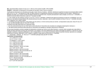 VB - Vencimento Básico (Anexo IV-A da Lei nº 11.355, de 19 de outubro de 2006 - MP 431/2008)
GDASUS - Gratificação de Desempenho de Atividade de Execução e Apoio Técnico à Auditoria
Gratificação de Desempenho de Atividade de Execução e Apoio Técnico à Auditoria - GDASUS, devida aos ocupantes de cargos de provimento efetivo regidos
pela Lei no 8.112, de 11 de dezembro de 1990, em efetivo exercício no Departamento Nacional de Auditoria do Sistema Único de Saúde - DENASUS, do
Ministério da Saúde, que cumpram jornada de trabalho semanal de quarenta horas, enquanto permanecerem nesta condição.( art.30 da Lei 11.344/2006) . A
GDASUS produzirá efeitos financeiros a partir de 1º de janeiro de 2006.
( * ) Até a edição dos atos referidos nos §§ 3º e 4º do art. 31 da lei 11.344/2006, a GDASUS será paga aos servidores em exercício no DENASUS, que a ela
façam jus, nos valores correspondentes a 80 (oitenta) pontos por servidor, observado o valor do ponto constante do Anexo XV da Lei 11.344/2006, de acordo
com o respectivo nível, classe e padrão.
( * ) A GDASUS será paga observado o limite máximo de cem pontos e o mínimo de dez pontos por servidor, correspondendo cada ponto, Anexo XV da Lei nº
11.344, de 2006 (alteração dada art. 68 da MP 431/2008)
A GDASUS será paga observando-se os seguintes limites:
I - até vinte pontos percentuais de seu limite máximo serão atribuídos em decorrência dos resultados da avaliação de desempenho individual; e
II - até oitenta pontos percentuais serão atribuídos em decorrência da avaliação do resultado institucional do DENASUS.
Até que seja processada a primeira avaliação de desempenho individual que venha a surtir efeito financeiro, o servidor recém nomeado para cargo efetivo e
aquele que tenha retornado de licença sem vencimento ou de cessão ou de outros afastamentos sem direito à percepção da GDASUS, no decurso do ciclo de
avaliação, receberão a respectiva gratificação no valor correspondente a 1/3 (um terço) do percentual máximo da parcela individual, aplicando-se a avaliação
institucional no período, observado o nível, a classe e o padrão do cargo efetivo.(art.35-B da Lei 11.344/2006)
( *** ) Aposentado - GDASUS - art. 36 da Lei nº 11.344/2006 (alteração dada pela MP 431/2008)
Legislações Correspondentes:
Lei nº 5.645 de 10.12.1970
Lei nº 8.112 de 11.12.90
Lei Delegada nº 13 de 27.08.92
Lei nº 10.483 de 03.07.2002
Lei nº 10.697 de 02.07.2003
Lei nº 10.698 de 02.07.2003
Medida Provisória nº 198 de 15.07.2004
Lei nº 10.971 de 25.11.2004
Medida Provisória nº 248 de 20.04.2005
Medida Provisória nº 295 de 29.05.2006 art. 30
Lei nº 11.344 de 08.09.2006
Medida Provisória nº 362 de 29.03.2007
Medida Provisória nº 421 de 29.02.2008
Medida Provisória nº 431 de 14.05.2008 art. 67
Lei nº 11.784 de 22.09.2008
Decreto 6.552 de 01.09.2008
Lei nº 12.277 DE 30.06.2010

DESIN/SEGEP/MP - Tabela de Remuneração dos Servidores Públicos Federais Nº 58

127

 