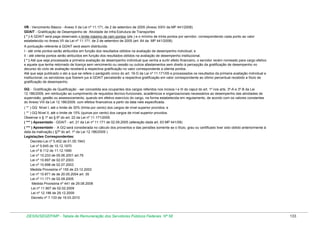 VB - Vencimento Básico - Anexo II da Lei nº 11.171, de 2 de setembro de 2005 (Anexo XXIV da MP 441/2008)
GDAIT - Gratificação de Desempenho de Atividade de Infra-Estrutura de Transportes
( * ) A GDAIT será paga observado o limite máximo de cem pontos (pts.) e o mínimo de trinta pontos por servidor, correspondendo cada ponto ao valor
estabelecido no Anexo VII da Lei nº 11.171, de 2 de setembro de 2005 (art. 64 da MP 441/2008).
A pontuação referente à GDAIT será assim distribuída:
I - até vinte pontos serão atribuídos em função dos resultados obtidos na avaliação de desempenho individual; e
II - até oitenta pontos serão atribuídos em função dos resultados obtidos na avaliação de desempenho institucional.
( * ) Até que seja processada a primeira avaliação de desempenho individual que venha a surtir efeito financeiro, o servidor recém nomeado para cargo efetivo
e aquele que tenha retornado de licença sem vencimento ou cessão ou outros afastamentos sem direito à percepção da gratificação de desempenho no
decurso do ciclo de avaliação receberá a respectiva gratificação no valor correspondente a oitenta pontos.
Até que seja publicado o ato a que se refere o parágrafo único do art. 16-D da Lei nº 11.171/05 e processados os resultados da primeira avaliação individual e
institucional, os servidores que fizerem jus à GDAIT perceberão a respectiva gratificação em valor correspondente ao último percentual recebido a título de
gratificação de desempenho.
GQ - Gratificação de Qualificação - ser concedida aos ocupantes dos cargos referidos nos incisos I e III do caput do art. 1º nos arts. 3º-A e 3º-B da Lei
12.186/2009, em retribuição ao cumprimento de requisitos técnico-funcionais, acadêmicos e organizacionais necessários ao desempenho das atividades de
supervisão, gestão ou assessoramento, quando em efetivo exercício do cargo, na forma estabelecida em regulamento, de acordo com os valores constantes
do Anexo VIII da Lei 12.186/2009, com efeitos financeiros a partir da data nele especificada.
( ** ) GQ Nível I, até o limite de 30% (trinta por cento) dos cargos de nível superior providos; e
( ** ) GQ Nível II, até o limite de 15% (quinze por cento) dos cargos de nível superior providos.
Observar o § 1º ao § 6º do art. 22 da Lei nº 11.171/2005.
( *** ) Aposentado - GDAIT - art. 21 da Lei nº 11.171 de 02.09.2005 (alteração dada art. 63 MP 441/08)
( *** ) Aposentado - A GQ será considerada no cálculo dos proventos e das pensões somente se o título, grau ou certificado tiver sido obtido anteriormente à
data da inativação.( §7º do art. 1º da Lei 12.186/2009 )
Legislações Correspondentes:
Decreto-Lei nº 5.452 de 01.05.1943
Lei nº 5.645 de 10.12.1970
Lei nº 8.112 de 11.12.1990
Lei nº 10.233 de 05.06.2001 art.79
Lei nº 10.697 de 02.07.2003
Lei nº 10.698 de 02.07.2003
Medida Provisória nº 155 de 23.12.2003
Lei nº 10.871 de de 20.05.2004 art. 35
Lei nº 11.171 de 02.09.2005
Medida Provisória nº 441 de 29.08.2008
Lei nº 11.907 de 02.02.2009
Lei nº 12.186 de 29.12.2009
Decreto nº 7.133 de 19.03.2010

DESIN/SEGEP/MP - Tabela de Remuneração dos Servidores Públicos Federais Nº 58

133

 