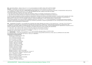V B - V e n c im e n to B á s ic o - A n e xo V d a L e i n º 1 1 .1 7 1 , d e 2 d e s e te m b ro d e 2 0 0 5 (A n e xo X X V d a M P 4 4 1 /2 0 0 8 )
G D A P E C - G ra tific a ç ã o d e D e s e m p e n h o d e A tiv id a d e s A d m in is tra tiv a s d o P la n o E s p e c ia l d e C a rg o s d o D N IT
( * ) A G D A P E C s e rá p a g a o b s e rva d o o lim ite m á xim o d e c e m p o n to s (p ts .) e o m ín im o d e trin ta p o n to s p o r s e rvid o r, c o rre s p o n d e n d o c a d a p o n to a o
va lo r e s ta b e le c id o n o A n e xo V II d a L e i n º 1 1 .1 7 1 , d e 2 d e s e te m b ro d e 2 0 0 5 (A N E X O X X V III M P 4 4 1 /2 0 0 8 ).
A p o n tu a ç ã o re fe re n te à G D A P E C s e rá a s s im d is trib u íd a :
I - a té vin te p o n to s s e rã o a trib u íd o s e m fu n ç ã o d o s re s u lta d o s o b tid o s n a a va lia ç ã o d e d e s e m p e n h o in d ivid u a l; e
II - a té o ite n ta p o n to s s e rã o a trib u íd o s e m fu n ç ã o d o s re s u lta d o s o b tid o s n a a v a lia ç ã o d e d e s e m p e n h o in s titu c io n a l.
( * ) A té q u e s e ja p ro c e s s a d a a p rim e ira a va lia ç ã o d e d e s e m p e n h o in d iv id u a l q u e ve n h a a s u rtir e fe ito fin a n c e iro , o s e rvid o r re c é m n o m e a d o p a ra c a rg o
e fe tiv o e a q u e le q u e te n h a re to rn a d o d e lic e n ç a s e m ve n c im e n to o u c e s s ã o o u o u tro s a fa s ta m e n to s s e m d ire ito à p e rc e p ç ã o d a g ra tific a ç ã o d e
d e s e m p e n h o n o d e c u rs o d o c ic lo d e a va lia ç ã o re c e b e rá a re s p e c tiva g ra tific a ç ã o n o va lo r c o rre s p o n d e n te a o ite n ta p o n to s .
A té q u e s e ja p u b lic a d o o a to a q u e s e re fe re o p a rá g ra fo ú n ic o d o a rt. 1 6 -D d a L e i n º 1 1 .1 7 1 /0 5 e p ro c e s s a d o s o s re s u lta d o s d a p rim e ira a va lia ç ã o
in d ivid u a l e in s titu c io n a l, o s s e rvid o re s q u e fize re m ju s à G D A P E C p e rc e b e rã o a re s p e c tiva g ra tific a ç ã o e m v a lo r c o rre s p o n d e n te a o ú ltim o p e rc e n tu a l
re c e b id o a títu lo d e g ra tific a ç ã o d e d e s e m p e n h o .
G Q - G ra tific a ç ã o d e Q u a lific a - s e r c o n c e d id a a o s o c u p a n te s d o s c a rg o s re fe rid o s n o s in c is o s I e III d o c a p u t d o a rt. 1 º n o s a rts . 3 º-A e 3 º-B d a L e i
1 2 .1 8 6 /2 0 0 9 , e m re trib u iç ã o a o c u m p rim e n to d e re q u is ito s té c n ic o -fu n c io n a is , a c a d ê m ic o s e o rg a n iz a c io n a is n e c e s s á rio s a o d e s e m p e n h o d a s
a tiv id a d e s d e s u p e rvis ã o , g e s tã o o u a s s e s s o ra m e n to , q u a n d o e m e fe tiv o e xe rc íc io d o c a rg o , n a fo rm a e s ta b e le c id a e m re g u la m e n to , d e a c o rd o c o m o s
va lo re s c o n s ta n te s d o A n e xo V III d a L e i 1 2 .1 8 6 /2 0 0 9 ], c o m e fe ito s fin a n c e iro s a p a rtir d a d a ta n e le e s p e c ific a d a .
( ** ) G Q N íve l I, a té o lim ite d e 3 0 % (trin ta p o r c e n to ) d o s c a rg o s d e n ív e l s u p e rio r p ro vid o s ; e
( ** ) G Q N íve l II, a té o lim ite d e 1 5 % (q u in z e p o r c e n to ) d o s c a rg o s d e n ív e l s u p e rio r p ro vid o s .
O b s e rva r o § 1 º a o § 6 º d o a rt. 2 2 d a L e i n º 1 1 .1 7 1 /2 0 0 5 .
( *** ) A p o s e n ta d o - G D A P E C - a rt. 2 1 d a L e i n º 1 1 .1 7 1 d e 0 2 .0 9 .2 0 0 5 (a lte ra ç ã o d a d a a rt. 6 3 M P 4 4 1 /0 8 )
( *** ) A p o s e n ta d o - A G Q s e rá c o n s id e ra d a n o c á lc u lo d o s p ro v e n to s e d a s p e n s õ e s s o m e n te s e o títu lo , g ra u o u c e rtific a d o tive r s id o o b tid o
a n te rio rm e n te à d a ta d a in a tiva ç ã o .( § 7 º d o a rt. 1 º d a L e i 1 2 .1 8 6 /2 0 0 9 )
L e g is la ç õ e s C o rre s p o n d e n te s :
D e c re to -L e i n º 5 .4 5 2 d e 0 1 .0 5 .1 9 4 3
L e i n º 5 .6 4 5 d e 1 0 .1 2 .1 9 7 0
L e i n º 1 0 .2 3 3 d e 0 5 .0 6 .2 0 0 1 a rt.7 9
L e i n º 8 .1 1 2 d e 1 1 .1 2 .1 9 9 0
L e i n º 1 0 .4 0 4 d e 0 9 .0 1 .2 0 0 2
D e c re to n º 4 .2 4 7 d e 2 2 .0 5 .2 0 0 2
P o rta ria n º 2 6 0 d e 2 1 .0 6 .2 0 0 2
P o rta ria n º 3 6 3 d e 2 1 .0 6 .2 0 0 2
D e c re to n º 4 .4 6 8 d e 1 3 .1 1 .2 0 0 2
P o rta ria n º 2 9 d e 2 9 .0 8 .2 0 0 2
P o rta ria n º 4 4 2 d e 3 1 .1 0 .2 0 0 2
L e i n º 1 0 .6 9 7 d e 0 2 .0 7 .2 0 0 3
L e i n º 1 0 .6 9 8 d e 0 2 .0 7 .2 0 0 3
M e d id a P ro v is ó ria n º 1 5 5 d e 2 3 .1 2 .2 0 0 3
M e d id a P ro v is ó ria n º 1 9 8 d e 1 5 .0 7 .2 0 0 4 a rt. 1 º a o a rt. 4 º
L e i n º 1 0 .9 7 1 d e 2 5 .1 1 .2 0 0 4 a rt. 1 º a o a rt. 4 º e 3 5 º
L e i n º 1 1 .0 4 6 d e 2 7 .1 2 .2 0 0 4
M e d id a P ro v is ó ria n º 2 4 6 d e 0 6 .0 4 .2 0 0 5 a rt. 3 0
L e i n º 1 1 .1 7 1 d e 0 2 .0 9 .2 0 0 5
M e d id a P ro vis ó ria n º 4 4 1 d e 2 9 .0 8 .2 0 0 8
L e i n º 1 2 .1 8 6 d e 2 9 .1 2 .2 0 0 9
D e c re to n º 7 .1 3 3 d e 1 9 .0 3 .2 0 1 0

DESIN/SEGEP/MP - Tabela de Remuneração dos Servidores Públicos Federais Nº 58

143

 