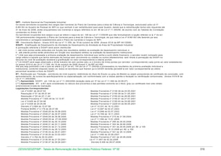 IN P I - In s titu to N a c io n a l d a P ro p rie d a d e In d u s tria l
O s a tu a is s e rv id o re s o c u p a n te s d o s c a rg o s d a s C a rre ira s d o P la n o d e C a rre ira s p a ra a á re a d e C iê n c ia e T e c n o lo g ia , e s tru tu ra d o p e la L e i n º
8 .6 9 1 /9 3 d o Q u a d ro d e P e s s o a l d o IN P I o u q u e v e n h a m a s e r re d is trib u íd o s p a ra e s s e Q u a d ro , d e s d e q u e a re d is trib u iç ã o te n h a s id o re q u e rid a a té
3 1 d e m a io d e 2 0 0 6 , s e rã o e n q u a d ra d o s n a s C a rre ira s e c a rg o s re fe rid o s n o a rt. 9 0 d a L e i n º 1 1 .3 5 5 /0 6 , d e a c o rd o c o m a s T a b e la s d e C o rre la ç ã o
c o n s ta n te s n o A n e xo X IX .
O s s e rv id o re s o c u p a n te s d o s c a rg o s a q u e s e re fe re o c a p u t d o a rt. 1 0 6 d a L e i n º 1 1 3 5 5 /0 6 q u e n ã o fo rm a liz a re m a o p ç ã o re fe rid a n o § 1 º d o a rt.
1 0 6 p e rm a n e c e rã o in te g ra n d o o P la n o d e C a rre ira s p a ra a á re a d e C iê n c ia e T e c n o lo g ia , d e q u e tra ta a L e i n º 8 .6 9 1 /9 3 n ã o fa z e n d o ju s a o s
v e n c im e n to s e v a n ta g e n s e s ta b e le c id o s p a ra o P la n o d e C a rre ira s e C a rg o s d o IN P I.
V B - V e n c im e n to B á s ic o - A n e xo X V III d a L e i n º 1 1 .3 5 5 , d e 1 9 d e o u tu b ro d e 2 0 0 6 (A n e xo X C IX d a M P 4 4 1 /2 0 0 8 )
G D A P I - G ra tific a ç ã o d e D e s e m p e n h o d e A tiv id a d e d e D e s e m p e n h o d e A tiv id a d e d a Á re a d e P ro p rie d a d e In d u s tria l
A p o n tu a ç ã o re fe re n te a G D A P I s e rá a s s im d is trib u íd a :
I - a té v in te p o n to s s e rã o a trib u íd o s e m fu n ç ã o d o s re s u lta d o s o b tid o s n a a v a lia ç ã o d e d e s e m p e n h o in d iv id u a l; e
II - a té o ite n ta p o n to s s e rã o a trib u íd o s e m fu n ç ã o d o s re s u lta d o s o b tid o s n a a v a lia ç ã o d e d e s e m p e n h o in s titu c io n a l.
( * ) A té q u e s e ja p ro c e s s a d a a p rim e ira a v a lia ç ã o d e d e s e m p e n h o in d iv id u a l q u e v e n h a a s u rtir e fe ito fin a n c e iro , o s e rv id o r re c é m n o m e a d o p a ra
c a rg o e fe tiv o e a q u e le q u e te n h a re to rn a d o d e lic e n ç a s e m v e n c im e n to o u c e s s ã o o u o u tro s a fa s ta m e n to s s e m d ire ito à p e rc e p ç ã o d a G D A P I n o
d e c u rs o d o c ic lo d e a v a lia ç ã o re c e b e rá a g ra tific a ç ã o n o v a lo r c o rre s p o n d e n te a o ite n ta p o n to s
( * ) A G D A P I s e rá p a g a o b s e rv a d o o lim ite m á xim o d e c e m p o n to s (p ts .) e o m ín im o d e trin ta p o n to s p o r s e rv id o r, c o rre s p o n d e n d o c a d a p o n to a o v a lo r e s ta b e le c id o
n o a n e xo X V III-A d a L e i n º 1 1 .3 5 5 , d e 1 9 d e o u tu b ro d e 2 0 0 6 (A n e xo C d a M P 4 4 1 /0 8 )
A té q u e s e ja p u b lic a d o o a to a q u e s e re fe re o § 4 º d o a rt. 1 0 0 d a L e i n º 1 1 .3 5 5 /0 6 e p ro c e s s a d o s o s re s u lta d o s d a p rim e ira a v a lia ç ã o in d iv id u a l e
in s titu c io n a l, c o n fo rm e d is p o s to n e s ta L e i, to d o s o s s e rv id o re s q u e fiz e re m ju s à G D A P I d e v e rã o p e rc e b ê -la e m v a lo r c o rre s p o n d e n te a o ú ltim o
p e rc e n tu a l re c e b id o a títu lo d e G D A P I.
R T - R e trib u iç ã o p o r T itu la ç ã o - s e rv id o re s d e n ív e l s u p e rio r, d e te n to re s d o títu lo d e D o u to r o u g ra u d e M e s tre o u s e ja m p o s s u id o re s d e c e rtific a d o d e c o n c lu s ã o , c o m
a p ro v e ita m e n to , d e c u rs o s d e a p e rfe iç o a m e n to o u e s p e c ia liz a ç ã o , e m c o n fo rm id a d e c o m a c la s s e p a d rã o e titu la ç ã o o u c e rtific a ç ã o c o m p ro v a d a , (A n e xo X V III-B d a
L e i n º 1 1 .3 5 5 /2 0 0 6 )
( ** ) A p o s e n ta d o : G D A P I - a rt. 1 4 9 d a L e i n º 1 1 .3 5 5 /2 0 0 6 (re d a ç ã o d a d a a rt. 5 º d a L e i n º 1 1 .4 9 0 d e 2 0 .0 6 .0 7 )
( ** ) A p o s e n ta d o - R T - a R T s e rá c o n s id e ra d a n o c á lc u lo d o s p ro v e n to s e d a s p e n s õ e s s o m e n te s e o títu lo , g ra u o u c e rtific a d o tiv e r s id o o b tid o
a n te rio rm e n te à d a ta d a in a tiv a ç ã o .
L e g is la ç õ e s C o rre s p o n d e n te s :
L e i n º 8 .6 9 1 d e 2 8 .0 7 .9 3
M e d id a P ro vis ó ria n º 2 1 3 6 -3 8 d e 2 4 .0 5 .2 0 0 1
R e s o lu ç ã o n º 0 1 d e 0 6 .0 7 .9 4
M e d id a P ro vis ó ria n º 2 1 5 0 -3 9 d e 3 1 .0 5 .2 0 0 1
R e s o lu ç ã o n º 0 2 d e 2 3 .1 1 .9 4
M e d id a P ro vis ó ria n º 2 1 5 0 -4 0 d e 2 8 .0 6 .2 0 0 1
M e d id a P ro v is ó ria n º 1 .6 2 5 -3 9 d e 1 2 .1 2 .9 7
M e d id a P ro vis ó ria n º 2 1 5 0 -4 1 d e 2 7 .0 7 .2 0 0 1
L e i n º 9 .6 2 5 d e 0 7 .0 4 .9 8
M e d id a P ro vis ó ria n º 2 1 5 0 -4 2 d e 2 4 .0 8 .2 0 0 1
L e i n º 9 .6 3 8 d e 2 0 .0 5 .9 8
M e d id a P ro vis ó ria n º 2 2 2 9 -4 3 d e 0 6 .0 9 .2 0 0 1
D e c re to n º 2 .6 6 5 d e 1 0 .0 7 .9 8
L e i n º 1 0 .3 3 1 d e 1 8 .1 2 .2 0 0 1
P o rta ria M A R E n º 2 .1 7 9 d e 2 8 .0 7 .9 8
L e i n º 1 0 .6 9 7 d e 0 2 .0 7 .2 0 0 3
M e d id a P ro v is ó ria n º 2 0 4 8 -2 6 d e 2 9 .0 6 .2 0 0 0
L e i n º 1 0 .6 9 8 d e 0 2 .0 7 .2 0 0 3
M e d id a P ro v is ó ria n º 2 0 4 8 -2 7 d e 2 8 .0 7 .2 0 0 0
L e i n º 1 0 .7 6 9 d e 1 9 .1 1 .2 0 0 3
M e d id a P ro v is ó ria n º 2 0 4 8 -2 8 d e 2 8 .0 8 .2 0 0 0
M e d id a P ro vis ó ria n º 2 1 0 d e 3 1 .0 8 .2 0 0 4
M e d id a P ro v is ó ria n º 2 0 4 8 -2 9 d e 2 7 .0 9 .2 0 0 0
L e i n º 1 1 .0 9 4 d e 1 3 .0 1 .2 0 0 5
M e d id a P ro v is ó ria n º 2 0 4 8 -3 0 d e 2 6 .1 0 .2 0 0 0
M e d id a P ro vis ó ria n º 2 9 5 d e 2 9 .0 5 .2 0 0 6
M e d id a P ro v is ó ria n º 2 0 4 8 -3 1 d e 2 3 .1 1 .2 0 0 0
M e d id a P ro vis ó ria n º 3 0 2 d e 2 9 .0 6 .2 0 0 6
M e d id a P ro v is ó ria n º 2 0 4 8 -3 2 d e 2 1 .1 2 .2 0 0 0
M e d id a P ro vis ó ria n º 3 0 1 d e 2 9 .0 6 .2 0 0 6 a rt. 8 9 a 1 0 9
M e d id a P ro v is ó ria n º 2 0 4 8 -3 3 d e 2 8 .1 2 .2 0 0 0
L e i n º 1 1 .3 5 5 d e 1 9 .1 0 .2 0 0 6 a rt. 8 9 a 1 0 9
M e d id a P ro v is ó ria n º 2 1 3 6 -3 4 d e 2 6 .0 1 .2 0 0 1
M e d id a P ro vis ó ria n º 3 4 1 d e 2 9 .1 2 .2 0 0 6
M e d id a P ro v is ó ria n º 2 1 3 6 -3 5 d e 2 3 .0 2 .2 0 0 1
L e i n º 1 1 .4 9 0 d e 2 0 .0 6 .2 0 0 7
D e c re to n º 3 .7 6 2 d e 0 5 .0 3 .2 0 0 1
M e d id a P ro vis ó ria n º 4 4 1 d e 2 9 .0 8 .2 0 0 8
M e d id a P ro v is ó ria n º 2 1 3 6 -3 6 d e 2 7 .0 3 .2 0 0 1
L e i n º 1 1 .9 0 7 d e 0 2 .0 2 .2 0 0 9
M e d id a P ro v is ó ria n º 2 1 3 6 -3 7 d e 2 6 .0 4 .2 0 0 1
D e c re to 6 .5 0 6 d e 0 9 .0 7 .2 0 0 8

DESIN/SEGEP/MP - Tabela de Remuneração dos Servidores Públicos Federais Nº 58

319

 