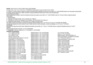 Subsídio - Anexo IV da Lei nº 10.910, de 2004 ( Anexo II da MP 440/2008)
Os cargos do art. 10 e art. 17 § 1º e § 2º da Lei nº 10.593/2002 são transformados em cargo de Auditor Fiscal do Trabalho.
( * ) A partir de 1º de julho de 2008, os titulares dos cargos de provimento efetivo integrantes das carreiras a que se refere o art. 1º da MP 440/2008, passam a ser remunerados, exclusivamente,
por subsídio, fixado em parcela única, vedado o acréscimo de qualquer gratificação, adicional, abono, prêmio, verba de representação
ou outra espécie remuneratória.
Estão compreendidas no subsídio e não são mais devidas aos titulares dos cargos a que se refere o art. 1º da MP 440/2008, a partir de 1º de julho de 2008, as seguintes espécies
remuneratórias:
I - Vencimento Básico;
II - Gratificação de Atividade Tributária - GAT, de que trata o art. 3º desta Lei;
III - Gratificação de Incremento da Fiscalização e da Arrecadação - GIFA, de que trata o art. 4º desta Lei; e
IV - Vantagem Pecuniária Individual - VPI, de que trata a Lei nº 10.698, de 2 de julho de 2003.
Além dessas parcelas não são devidas as parcelas remuneratórias referidas parágrafo único no art. 2º-B e art. 2º-C da Lei nº 10.910/2004 ( MP 440/2008)
O subsidio dos integrantes da Carreira Auditoria-Fiscal do Trabalho não exclui o direito à percepção, nos termos da legislação no art. 2º-E da Lei nº 10.910/2004
(MP 440/2008)
Aos titulares dos cargos de provimento efetivo integrantes das carreiras a que se refere o art. 1º da Lei nº 10.910/2004, aplica-se o regime de dedicação exclusiva (art. 3º da MP
440/2008)
Sistema de Desenvolvimento da Carreira - art.154. da MP 440/2008
( ** ) Aposentado - Aplica-se o disposto da Lei nº 10.910/2004 (art. 2º MP 440/2008)
Legislações Correspondentes:
Lei nº 7.787/89 de 30.06.89
Medida Provisória nº 1.971-15 de 28.08.2000
Lei nº 10.910 de 15.07.2004
Lei nº 7.855/89 de 24.10.89
Medida Provisória nº 1.971-16 de 27.09.2000
Decreto nº 5.191 de 19.08.2004
Lei nº 8.538 de 21.12.92
Medida Provisória nº 1.971-17 de 26.10.2000
Medida Provisória nº 208 de 20.08.2004 art. 4º
Decreto nº 706 de 22.12.92
Medida Provisória nº 1.971-18 de 23.11.2000
Portaria Interministerial nº 231/MP/MTE de 30.08.2004
Instrução Normativa Interministerial nº 01 29.12.92
Medida Provisória nº 1.971-19 de 21.12.2000
Lei nº 11.087 de 04.01.2005 art. 4º
Portaria MARE nº 2.179 de 28.07.98
Medida Provisória nº 2.093-20 de 27.12.2000
Portaria Interministerial nº 19 de 28.01.2005
Medida Provisória nº 1.915 de 29.06.99
Medida Provisória nº 2.093-21 de 25.01.2001
Portaria nº 279 de 30.05.2005
Medida Provisória nº 1.915-1 de 29.07.99
Medida Provisória nº 2.093-22 de 22.02.2001
Portaria nº 280 de 30.05.2005
Medida Provisória nº 1.915-2 de 27.08.99
Medida Provisória nº 2.093-23 de 22.03.2001
Portaria nº 366 de 28.07.2005
Medida Provisória nº 1.915-3 de 24.09.99
Medida Provisória nº 2.093-24 de 19.04.2001
Portaria nº 357 de 08.07.2005
Medida Provisória nº 1.915-4 de 26.10.99
Medida Provisória nº 2.093-25 de 17.05.2001
Medida Provisória nº 302 de 29.06.2006
Medida Provisória nº 1.915-5 de 25.11.99
Medida Provisória nº 2.093-25 de 17.05.2001
Decreto nº 5.916 de 28.09.2006
Medida Provisória nº 1.971-6 de 10.12.99
Medida Provisória nº 2.093-26 de 13.06.2001
Lei nº 11.356 de 19.10.2007
Medida Provisória nº 1.971-7 de 11.01.2000
Medida Provisória nº 2.175-27 de 28.06.2001
Lei nº 11.457 de 16.03.2007
Medida Provisória nº 1.971-8 de 10.02.2000
Medida Provisória nº 2.175-28 de 27.07.2001
Medida Provisória nº 440 de 29.08.2008
Medida Provisória nº 1.971-9 de 09.03.2000
Medida Provisória nº 2.175-29 de 24.08.2001
Lei nº 11.890 de 24.12.2008
Decreto nº 3390 de 23.03.2000
Lei nº 10.331 de 18.12.2001
Medida Provisória nº 1.971-10 de 06.04.2000
Medida Provisória nº 46 de 25.06.2002
Medida Provisória nº 1.971-11 de 04.05.2000
Lei nº 10.593 de 06.12.2002
Medida Provisória nº 1.971-12 de 01.06.2000
Lei nº 10.697 de 02.07.2003
Medida Provisória nº 1.971-14 de 28.07.2000
Lei nº 10.698 de 02.07.2003

DESIN/SEGEP/MP - Tabela de Remuneração dos Servidores Públicos Federais Nº 58

43

 