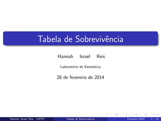 Tabela de Sobrevivˆncia
e
Hannah

Israel

Reis

Laborat´rio de Estat´
o
ıstica

28 de fevereiro de 2014

Hannah, Israel, Reis

(UFPI)

Tabela de Sobrevivˆncia
e

Fevereiro 2014

1 / 15

 