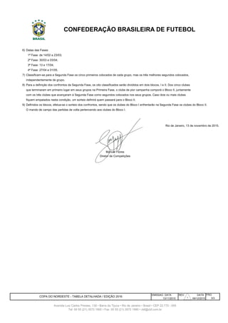 6) Datas das Fases:
7)
8)
9)
O mando de campo das partidas de volta pertencendo aos clubes do Bloco I.
EMISSAO DATA REV. DATA PÁG
13/11/2015 09/12/2015
CONFEDERAÇÃO BRASILEIRA DE FUTEBOL
1ª Fase: de 14/02 a 23/03;
2ª Fase: 30/03 e 03/04;
3ª Fase: 13 e 17/04;
4ª Fase: 27/04 e 01/05.
Classificam-se para a Segunda Fase os cinco primeiros colocados de cada grupo, mas os três melhores segundos colocados,
independentemente de grupo.
Para a definição dos confrontos da Segunda Fase, os oito classificados serão divididos em dois blocos, I e II. Dos cinco clubes
que terminaram em primeiro lugar em seus grupos na Primeira Fase, o clube de pior campanha comporá o Bloco II, juntamente
com os três clubes que avançaram à Segunda Fase como segundos colocados nos seus grupos. Caso dois ou mais clubes
fiquem empatados nesta condição, um sorteio definirá quem passará para o Bloco II.
Avenida Luiz Carlos Prestes, 130 • Barra da Tijuca • Rio de Janeiro • Brasil • CEP 22.775 - 055
Tel: 00 55 (21) 3572 1900 • Fax: 00 55 (21) 3572 1990 • cbf@cbf.com.br
Definidos os blocos, efetua-se o sorteio dos confrontos, sendo que os clubes do Bloco I enfrentarão na Segunda Fase os clubes do Bloco II.
Rio de Janeiro, 13 de novembro de 2015.
Manoel Flores
Diretor de Competições
COPA DO NORDESTE - TABELA DETALHADA / EDIÇÃO 2016
3/31313131
 