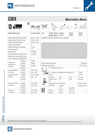 Página 4/16
Nomes, figuras de motores, veículos, produtos, fabricantes e etc., são somente para referência.
Os dados são fornecidos com base nos catálogos dos fabricantes, e não nos responsabilizamos por eventuais inconsistências uma vez que este material é meramente informativo.
©KSPGAutomotiveBrazilLtda.·DivisãoMSMotorserviceBrazil–ARheinmetallCompany–05/15BR-PT
www.ms-motorservice.com.br
	 Mercedes-Benz
x
Ø Ø
Motor OM314-314A 97,00 x 128,00 0,12 59,995 - 60,015 65,000
65,019
39,000
39,025
93,000
93,02287,990 - 88,010
Folga radial da bronzina de biela 0,041 - 0,109 Sequência de apertos dos parafusos do cabeçote
Folga radial da bronzina central 0,042 - 0,108
18 9
114 512
14
10 6 2 3 7 13
16 15
17
Folga axial do Virabrequim 0,190 - 0,322
Raio de concordância 4
Ordem de injeção e combustão 1-3-4-2
Ponto de injeção 15°
Marcha lenta 500 RPM
Pressão de óleo em marcha lenta 1,00 bar
Pressão de compressão do motor -
Comp. Parafuso do cabeçote máx -
Torque nos
parafusos do
cabeçote
1ª Etapa 60 Nm
2ª Etapa 90 Nm Altura mínima do cabeçote 	 91,90 mm
3ª Etapa 120 Nm Projeção do bico Injetor 	 1,8 a 2,5 mm
4ª Etapa -
B C “B” – Saliência da camisa -
Torque/parafusos
do volante
1ª Etapa 30 - 40 Nm
2ª Etapa 90° - 110° “C” – Saliência do pistão acima ou abaixo da
camisa
-0,700
0,300Torque nas capas
de biela
1ª Etapa 100 - 110 Nm
2ª Etapa 90° - 110° Folga das
válvulas motor
frio
AD 0,20 0,25 (A)
3ª Etapa - EX 0,30 0,40 (A)
Torque nas capas
de mancal
1ª Etapa 50 - 60 Nm Folga guia/haste
de válvula
Admissão 0,050 - 0,087
2ª Etapa 90° - 110° Escape 0,060 - 0,097
3ª Etapa - mm Carga Nm
Torque no
contrapeso
1ª Etapa 30 - 40 Nm Interna 46,70 285 - 315
2ª Etapa 90° - 100° Externa 35,18 570 - 630
1
 