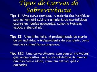 Tipos de Curvas de
       Sobrevivência
Tipo I: Uma curva convexa. A maioria dos indivíduos
  sobrevivem até adulto e a ma...