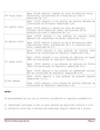 Núcleo de Observação do Céu Página 6
28- Terça feira
Após ~21:00 observe o máximo da chuva de meteoros Piscis
Austrinids, com previsão de 5 meteoros por hora e
magnitude de 3.2.
29- Quarta feira
Após ~18:30 observe a Lua próxima da estrela Antares da
constelação do Escorpião (magnitude 1.0).
Após ~22:00 observe o máximo da chuva de meteoros
Southern delta Aquariids (SDA), com previsão de 20
meteoros por hora e magnitude de 3.2.
30- Quinta feira
Após ~19:00 observe a Lua próxima da estrela theta
Ophiuchi da constelação do Ofiúco (magnitude 3.2).
Após ~20:00 observe o máximo da chuva de meteoros alpha
Capricornids (CAP), com previsão de 2 a 4 meteoros por
hora e magnitude de 2.5.
31- Sexta feira
Após ~19:00 observe a Lua próxima da estrela Kaus
Borealis da constelação do Sagitário (magnitude 2.8).
Após ~19:00 observe a Lua próxima da nebulosa da Lagoa
(M8) da constelação do Sagitário (magnitude 5.0).
Após ~19:00 observe a Lua próxima da nebulosa de Trifid
(M20) da constelação do Sagitário (magnitude 5.0).
Após ~19:00 observe a Lua próxima do aglomerado estelar
M25 da constelação do Sagitário (magnitude 4.9).
01/08- Sábado
Após ~18:30 observe a Lua próxima do planeta Júpiter
(magnitude -2.71).
Após ~19:00 observe a Lua próxima da estrela Albaldah da
constelação do Sagitário (magnitude 2.8).
NOTAS:
As aproximações da Lua com as estrelas consideram os seguintes parâmetros:
1- observação realizada a olho nu para estrela de magnitude inferior a 4.0;
2- distância entre Lua e estrela com separação angular máxima de 5 graus;
 