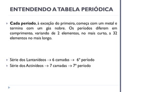  Cada período, à exceção do primeiro, começa com um metal e
termina com um gás nobre. Os períodos diferem em
comprimento, variando de 2 elementos, no mais curto, a 32
elementos no mais longo.
 Série dos Lantanídeos → 6 camadas → 6º período
 Série dos Actinídeos → 7 camadas → 7º período
ENTENDENDO ATABELA PERIÓDICA
 