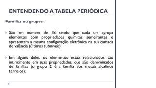 Famílias ou grupos:
 São em número de 18, sendo que cada um agrupa
elementos com propriedades químicas semelhantes e
apresentam a mesma configuração eletrônica na sua camada
de valência (últimos subníveis).
 Em alguns deles, os elementos estão relacionados tão
intimamente em suas propriedades, que são denominados
de famílias (o grupo 2 é a família dos metais alcalinos
terrosos).
ENTENDENDO ATABELA PERIÓDICA
 