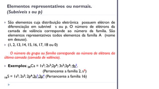Elementos representativos ou normais.
(Subníveis s ou p)
 São elementos cuja distribuição eletrônica possuem elétron de
diferenciação em subnível s ou p. O número de elétrons da
camada de valência corresponde ao número da família. São
elementos representativos todos elementos da família A (nome
em desuso).
 (1, 2, 13, 14, 15, 16, 17, 18 ou 0)
O número do grupo ou família corresponde ao número de elétrons da
última camada (camada de valência).
 Exemplos:20Ca = 1s2; 2s2;2p6; 3s2;3p6; 4s2.
(Pertencente a família 2, s2)
16S = 1s2; 2s2; 2p6;3s2;3p4 (Pertencente a família 16)
 