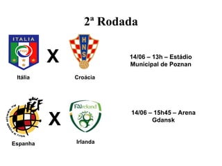 2ª Rodada


          X             14/06 – 13h – Estádio
                        Municipal de Poznan

 Itália       Croácia




          X
                        14/06 – 15h45 – Arena
                               Gdansk


Espanha       Irlanda
 