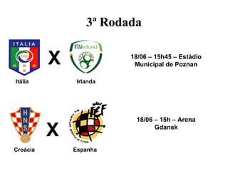3ª Rodada


          X              18/06 – 15h45 – Estádio
                          Municipal de Poznan

Itália         Irlanda




                          18/06 – 15h – Arena

          X                     Gdansk


Croácia       Espanha
 