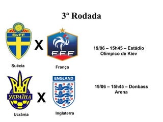 3ª Rodada


           X                19/06 – 15h45 – Estádio
                               Olímpico de Kiev

Suécia         França



                            19/06 – 15h45 – Donbass
                                      Arena
           X
 Ucrânia       Inglaterra
 