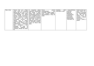 Reino Unido

Pode-se dizer que o Reino
Unido, reuniu as condições
básicas para dar inicio a sua
industrialização, sendo estas:
uma conjunção de fatores
políticos, sociais, econômicos,
culturais e naturais. No Reino
Unido, houve um grande
acumulação
primitiva
de
capitais, fruto do intenso
comércio realizado na Idade
Média. Essas reservas foram
gradativamente
canalizadas
para
atividades
como
ampliação
da
rede
de
transportes,
instalação
de
indústrias, extração de carvão,
etc.

A
burguesia
estava
fortemente representada
pelo Estado, e podia,
desse modo, participar
das decisões políticas do
país. A Inglaterra tornouse a primeira monarquia
parlamentar do mundo e
esse fator político foi
essencial para a eclosão
da Revolução Industrial,
quase um século mais
tarde.

Houve
grande
industrialização
nas
chamadas “regiões negras”,
como Yorkshire, Midlands,
Northumberlend e País de
Gales.

Industrias
têxtil,
siderúrgica e naval.

- Automobilísticas;
Químicas;
Elétricas;
Mecânicas;
Famacêuticas;
Eletrônicas;
Aeronáutica;
Biotecnologia;
Informática; etc.

Podemos dizer que o
Reino Unido, foi o
pioneiro no processo
de industrialização,
pelo fato de ter
matéria prima, ter
recursos
naturais,
econômicos,
culturais, sociais e
politico.

 