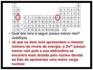 • Qual dos íons a seguir possui menor raio?
  Justifique.
• Já que os dois íons apresentam o mesmo
  número de níveis de energia, o Zn2+ possui
  menor raio pois a sua eletrosfera se
  encontra mais atraída pelo núcleo devido
  ao fato de apresentar uma maior carga
  nuclear.
 