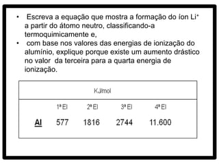 •  Escreva a equação que mostra a formação do íon Li+
  a partir do átomo neutro, classificando-a
  termoquimicamente e,
• com base nos valores das energias de ionização do
  alumínio, explique porque existe um aumento drástico
  no valor da terceira para a quarta energia de
  ionização.
 