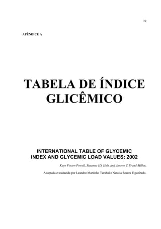 39



APÊNDICE A




TABELA DE ÍNDICE
   GLICÊMICO


      INTERNATIONAL TABLE OF GLYCEMIC
    INDEX AND GLYCEMIC LOAD VALUES: 2002
                         Kaye Foster-Powell, Susanna HA Holt, and Janette C Brand-Miller.

             Adaptada e traduzida por Leandro Martinho Tarabal e Natália Soares Figueiredo.
 