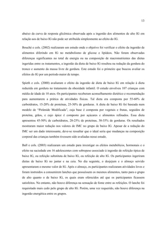 13



abaixo da curva de resposta glicêmica observada após a ingestão dos alimentos de alto IG em
relação aos de baixo IG não pode ser atribuída simplesmente ao efeito do IG.

Bouché e cols. (2002) realizaram um estudo onde o objetivo foi verificar o efeito da ingestão de
alimentos diferindo em IG no metabolismo de glicose e lipídeos. Não foram observadas
diferenças significantes no total de energia ou na composição de macronutrientes das dietas
ingeridas entre os tratamentos, a ingestão da dieta de baixo IG resultou na redução da gordura do
tronco e aumento da massa livre de gordura. Este estudo foi o primeiro que buscou avaliar os
efeitos do IG por um período maior de tempo.

Spieth e cols. (2000) avaliaram o efeito da ingestão de dieta de baixo IG em relação à dieta
reduzida em gordura no tratamento da obesidade infantil. O estudo envolveu 107 crianças com
média de idade de 10 anos. Os participantes receberam aconselhamento dietético e recomendação
para aumentarem a prática de atividades físicas. Tal dieta era composta por 55-60% de
carboidratos, 15-20% de proteínas, 25-30% de gorduras. A dieta de baixo IG foi baseada num
modelo de “Pirâmide Modificada”, cuja base é composta por vegetais e frutas, seguidos de
proteína, grãos, e cujo ápice é composto por açúcares e alimentos refinados. Essa dieta
apresentou 45-50% de carboidratos, 20-25% de proteínas, 30-35% de gorduras. Os resultados
mostraram maior redução nos valores de IMC no grupo de baixo IG. Apesar de a redução do
IMC ser um dado interessante, deve-se ressaltar que o ideal seria que mudanças na composição
corporal das crianças também tivessem sido avaliadas nesse estudo.

Ball e cols. (2003) realizaram um estudo para investigar os efeitos metabólicos, hormonais e o
efeito na saciedade em 16 adolescentes com sobrepeso associado à ingestão de refeição típica de
baixo IG, ou refeição substituta de baixo IG, ou refeição de alto IG. Os participantes ingeriram
dietas de baixo IG no jantar e na ceia. No dia seguinte, o desjejum e o almoço servido
apresentaram o mesmo valor de IG. Após o almoço, os participantes realizaram atividades leves e
foram instruídos a consumirem lanches que possuíssem os mesmos alimentos, tanto para o grupo
de alto quanto o de baixo IG, os quais eram oferecidos até que os participantes ficassem
satisfeitos. No entanto, não houve diferença na sensação de fome entre as refeições. O lanche foi
requisitado mais cedo pelo grupo de alto IG. Porém, uma vez requerido, não houve diferença na
ingestão energética entre os grupos.
 