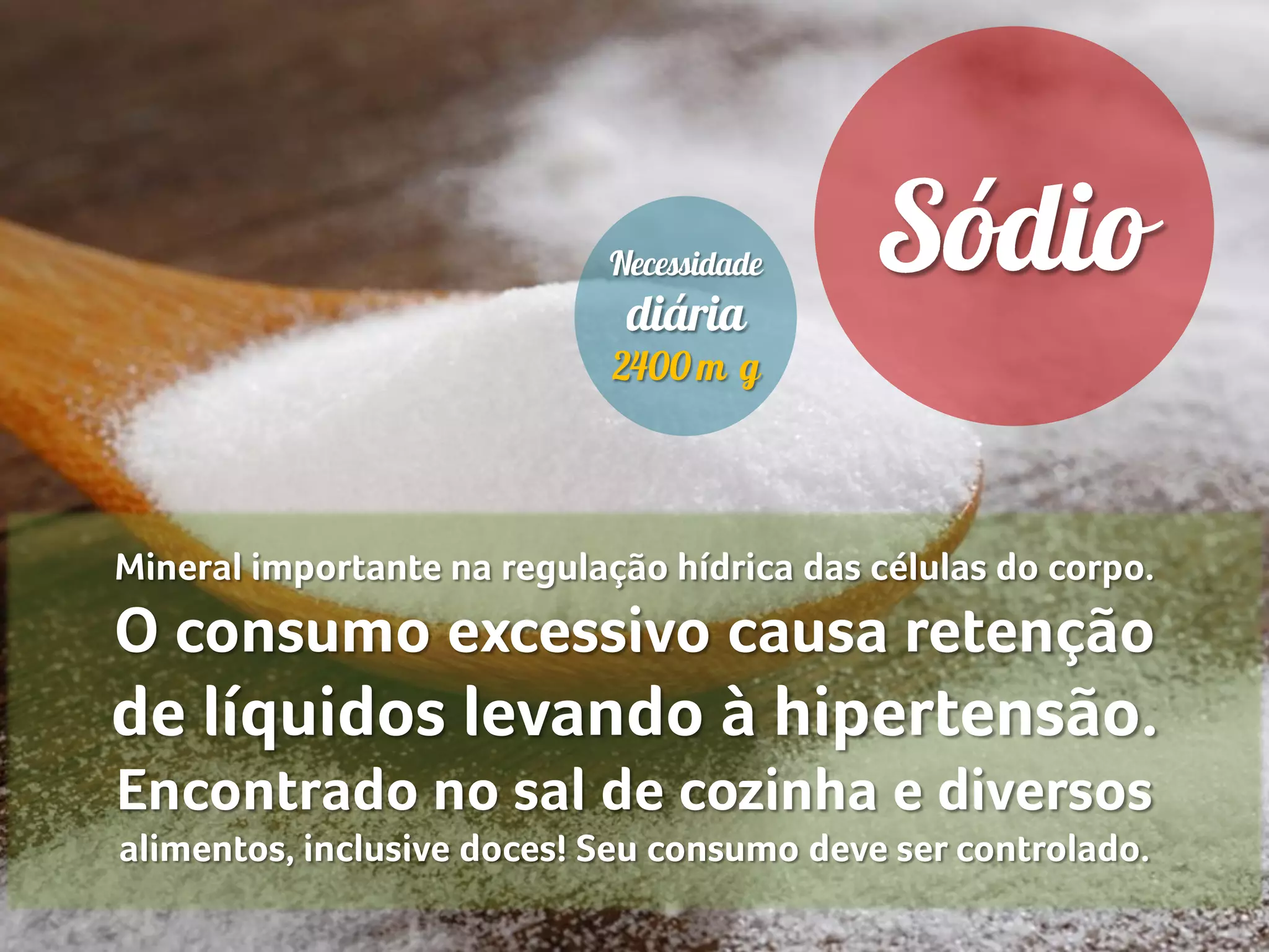 Mineral importante na regulação hídrica das células do corpo.
O consumo excessivo causa retenção
de líquidos levando à hipertensão.
Encontrado no sal de cozinha e diversos
alimentos, inclusive doces! Seu consumo deve ser controlado.
 