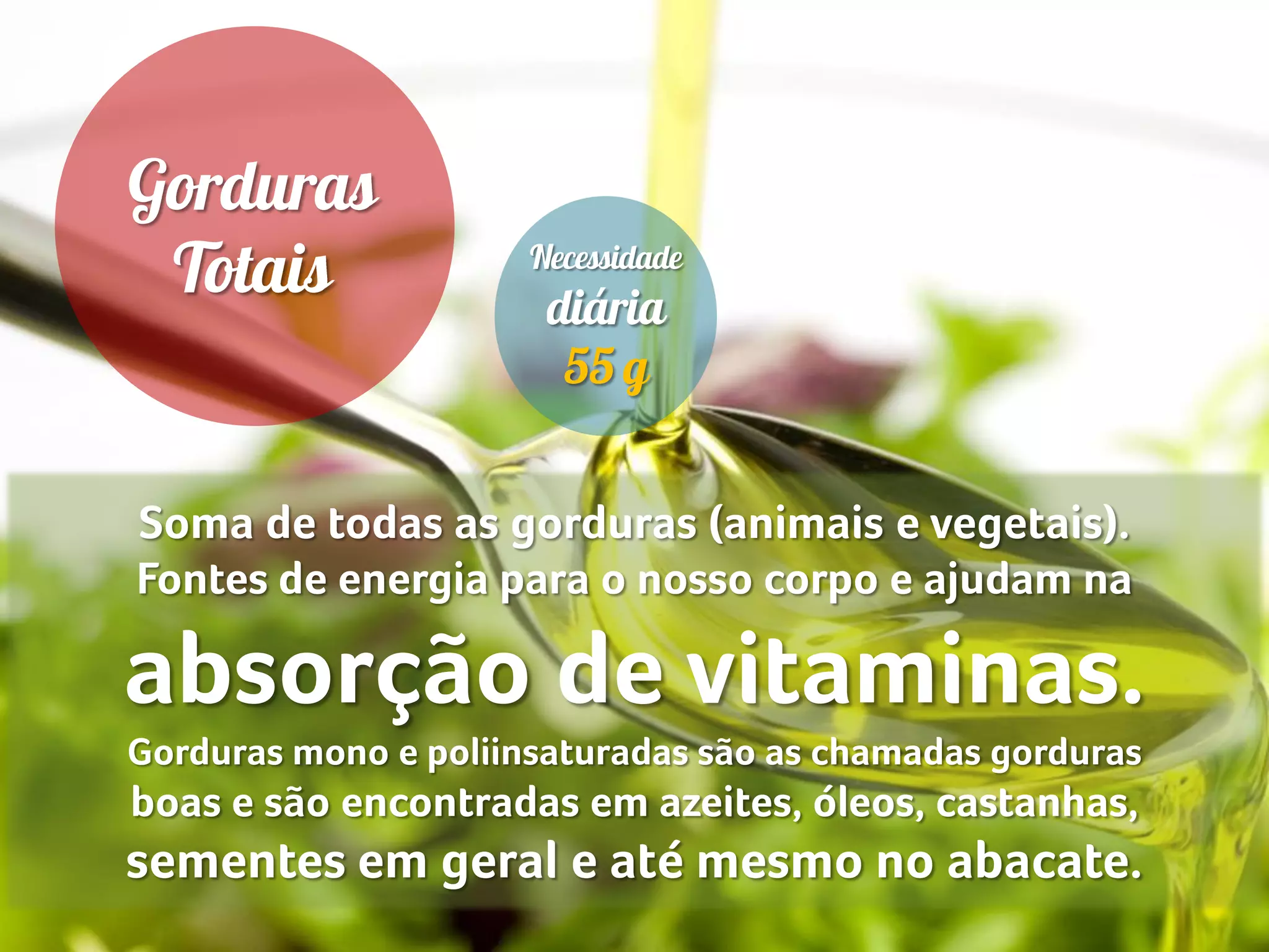 Soma de todas as gorduras (animais e vegetais).
Fontes de energia para o nosso corpo e ajudam na
absorção de vitaminas.
Gorduras mono e poliinsaturadas são as chamadas gorduras
boas e são encontradas em azeites, óleos, castanhas,
sementes em geral e até mesmo no abacate.
 