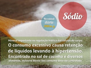 Mineral importante na regulação hídrica das células do corpo.
O consumo excessivo causa retenção
de líquidos levando à hipertensão.
Encontrado no sal de cozinha e diversos
alimentos, inclusive doces! Seu consumo deve ser controlado.
 