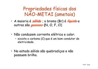 Propriedades físicas dos
NÃO-METAI (ametais)
• A maioria é sólidosólido ; o bromo (Br) é líquido e
outros são gasosos (N, O, F, Cl)
• Não conduzem corrente elétrica e calor.
– exceto o carbono (C) que é um bom condutor de
eletricidade.
• No estado sólido são quebradiços e não
possuem brilho.
Profª.: Joana
 