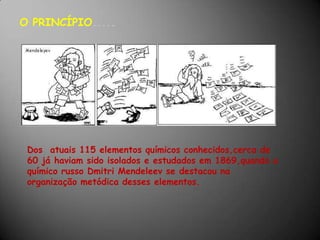 O PRINCÍPIO.....Dos  atuais 115 elementos químicos conhecidos,cerca de 60 já haviam sido isolados e estudados em 1869,quando o químico russo DmitriMendeleev se destacou na organização metódica desses elementos.