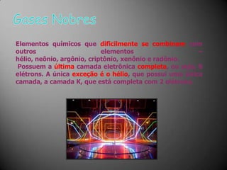  São resistentes(a resistência ao choque mecânico é conhecida como tenacidade), maleáveis(transformar em lâminas)e dúcteis (transformar em fios).METAIS ALCALINO-TERROSOSCorrespondem a 4,16% da crosta terrestre,sendo cálcio e magnésio os mais abundantes;O rádio é raro e muito instável (radioativo);Por serem muito reativos não se encontram isolados,mas combinados,principalmente na forma de silicatos,carbonatos e sulfatos;Ex: O magnésio é facilmente moldável e é utilizado na fabricação de ligas metálicas;