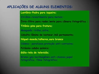 Gases NobresElementos químicos que dificilmente se combinam com outros elementos – hélio, neônio, argônio, criptônio, xenônio e radônio. Possuem a última camada eletrônica completa, ou seja, 8 elétrons. A única exceção é o hélio, que possui uma única camada, a camada K, que está completa com 2 elétrons.