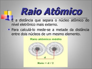 Raio Atômico
   É a distância que separa o núcleo atômico do
    nível eletrônico mais externo.
   Para calculá-lo mede-se a metade da distância
    entre dois núcleos de um mesmo elemento.
 