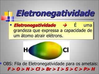 Eletronegatividade
          Eletronegatividade         É    uma
           grandeza que expressa a capacidade de
           um átomo atrair elétrons.


               H                  Cl

   OBS: Fila de Eletronegatividade para os ametais:
     F > O > N > Cl > Br > I > S > C > P> H
 