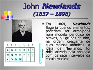 John Newlands
  (1837 – 1898)
        Em      1864,    Newlands
         Sugeriu que os elementos,
         poderiam ser arranjados
         num modelo periódico de
         oitavas, ou grupos de oito,
         na ordem crescente de
         suas massas atômicas. A
         idéia de Newlands, foi
         ridicularizada pela analogia
         com os sete intervalos da
         escala musical.
 