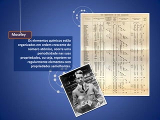 Moseley
          Os elementos químicos estão
   organizados em ordem crescente de
          número atômico, ocorre uma
                periodicidade nas suas
     propriedades, ou seja, repetem-se
         regularmente elementos com
            propriedades semelhantes.
 