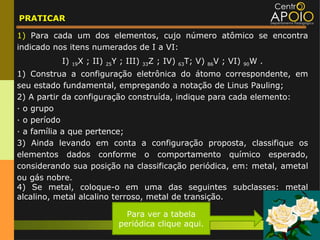 PRATICAR

1) Para cada um dos elementos, cujo número atômico se encontra
indicado nos itens numerados de I a VI:
          I)    X ; II)
               19          Y ; III)
                          25           Z ; IV)
                                      33          T; V)
                                                 63        V ; VI)
                                                          86          W.
                                                                     90

1) Construa a configuração eletrônica do átomo correspondente, em
seu estado fundamental, empregando a notação de Linus Pauling;
2) A partir da configuração construída, indique para cada elemento:
· o grupo
· o período
· a família a que pertence;
3) Ainda levando em conta a configuração proposta, classifique os
elementos dados conforme o comportamento químico esperado,
considerando sua posição na classificação periódica, em: metal, ametal
ou gás nobre.
4) Se metal, coloque-o em uma das seguintes subclasses: metal
alcalino, metal alcalino terroso, metal de transição.

                                 Para ver a tabela
                               periódica clique aqui.
 