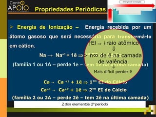 Propriedades Períódicas

 Energia de Ionização –     Energia recebida por um
átomo gasoso que será necessária para transformá-lo
                                 ↑EI ⇒ ↓raio atômico
em cátion.
                                          ⇓
             Na → Na+1 + 1ē ⇒ > n° do Sódiocamada
                               1ª EI de ē na
                                     de valência
 (família 1 ou 1A – perde 1ē – tem 1ē na última camada)
                                           ⇓
                                Mais difícil perder ē

             Ca → Ca +1 + 1ē ⇒ 1ª EI do Cálcio
            Ca+1 → Ca+2 + 1ē ⇒ 2ª EI do Cálcio
(família 2 ou 2A – perde 2ē – tem 2ē na última camada)
 