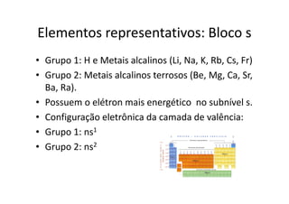 Elementos representativos: Bloco s
• Grupo 1: H e Metais alcalinos (Li, Na, K, Rb, Cs, Fr)
• Grupo 2: Metais alcalinos terrosos (Be, Mg, Ca, Sr,
  Ba, Ra).
• Possuem o elétron mais energético no subnível s.
• Configuração eletrônica da camada de valência:
• Grupo 1: ns1
• Grupo 2: ns2
 