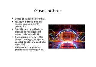 Gases nobres
• Grupo 18 da Tabela Periódica.
• Possuem o último nível de
  energia completamente
  preenchido:
• Oito elétrons de valência, à
  exceção do hélio que tem
  apenas dois (camada K).
• Quimicamente inertes. Mas
  podem fazer ligações apesar
  da estabilidade (em condições
  especiais);
• Último nível completo =>
  grande estabilidade química.
 