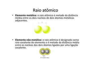 Raio atômico
• Elemento metálico: o raio atômico é metade da distância
  média entre os dois núcleos de dois átomos metálicos
  adjacentes.




• Elemento não-metálico: o raio atômico é designado como
  raio covalente do elemento e é metade da distância média
  entre os núcleos dos dois átomos ligados por uma ligação
  covalente.
 