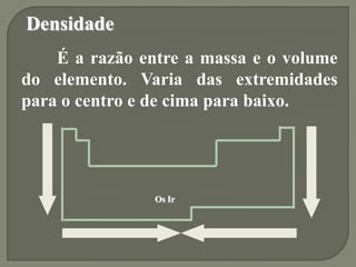 É a razão entre a massa e o volume
do elemento. Varia das extremidades
para o centro e de cima para baixo.
Densidade
Os Ir
 