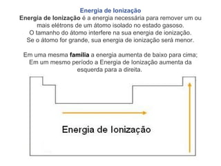 Energia de Ionização
Energia de Ionização é a energia necessária para remover um ou
mais elétrons de um átomo isolado no estado gasoso.
O tamanho do átomo interfere na sua energia de ionização.
Se o átomo for grande, sua energia de ionização será menor.
Em uma mesma família a energia aumenta de baixo para cima;
Em um mesmo período a Energia de Ionização aumenta da
esquerda para a direita.
 