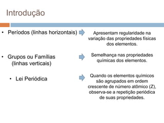 Introdução
• Períodos (linhas horizontais) Apresentam regularidade na
variação das propriedades físicas
dos elementos.
• Grupos ou Famílias
(linhas verticais)
Semelhança nas propriedades
químicas dos elementos.
• Lei Periódica
Quando os elementos químicos
são agrupados em ordem
crescente de número atômico (Z),
observa-se a repetição periódica
de suas propriedades.
 