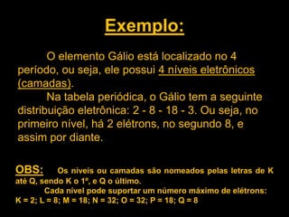 Exemplo:
O elemento Gálio está localizado no 4
período, ou seja, ele possui 4 níveis eletrônicos
(camadas).
Na tabela periódica, o Gálio tem a seguinte
distribuição eletrônica: 2 - 8 - 18 - 3. Ou seja, no
primeiro nível, há 2 elétrons, no segundo 8, e
assim por diante.
OBS:

Os níveis ou camadas são nomeados pelas letras de K
até Q, sendo K o 1º, e Q o último.
Cada nível pode suportar um número máximo de elétrons:
K = 2; L = 8; M = 18; N = 32; O = 32; P = 18; Q = 8

 