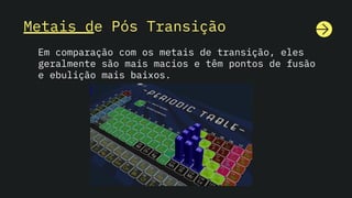 Metais de Pós Transição
Em comparação com os metais de transição, eles
geralmente são mais macios e têm pontos de fusão
e ebulição mais baixos.
 