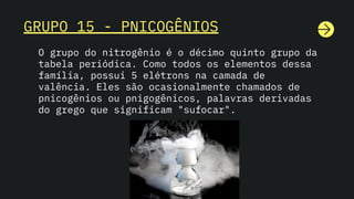 GRUPO 15 - PNICOGÊNIOS
O grupo do nitrogênio é o décimo quinto grupo da
tabela periódica. Como todos os elementos dessa
família, possui 5 elétrons na camada de
valência. Eles são ocasionalmente chamados de
pnicogênios ou pnigogênicos, palavras derivadas
do grego que significam "sufocar".
 