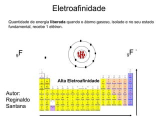 Eletroafinidade Alta Eletroafinidade Quantidade de energia  liberada  quando o átomo gasoso, isolado e no seu estado fundamental, recebe 1 elétron. 9 F 9 F  - Autor: Reginaldo Santana 